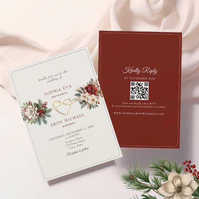 Invitation Mariage d'hiver en vert pin et rouge (Créateur téléchargé)