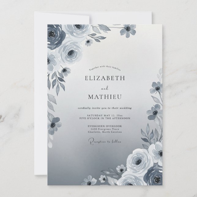 Invitation Mariage d'hiver éthéré bleu ardoise (Devant)