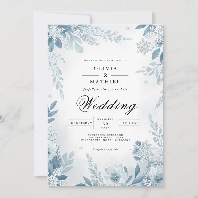Invitation Mariage d'hiver Ethereal Blue Blossom (Devant)