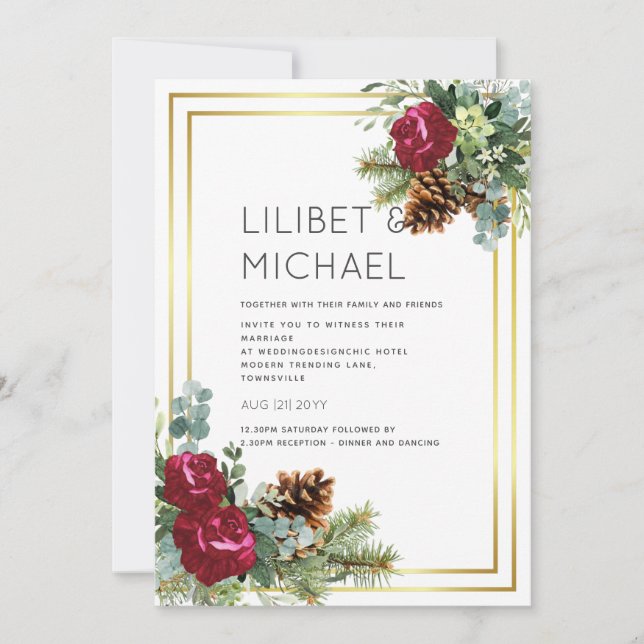 Invitation Mariage d'hiver Eucalyptus Rose de Bourgogne (Devant)