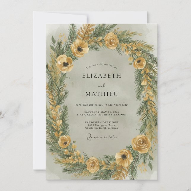 Invitation Mariage d'hiver Evergreen Moutarde (Devant)