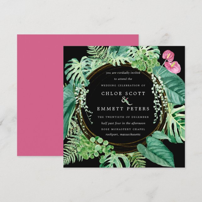 Invitation Mariage d'hiver exotique tropical rose (Devant / Derrière)