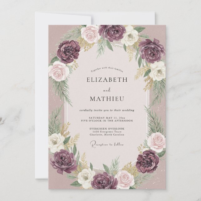 Invitation Mariage d'hiver exquis prune (Devant)