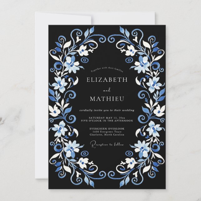 Invitation Mariage d'hiver fantaisiste bleu marine (Devant)