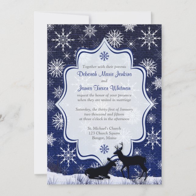 Invitation Mariage d'hiver | FAUX Burlap, Snowflakes, Cerf (Devant)