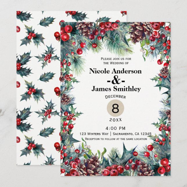 Invitation Mariage d'hiver Fête de Noël Berries Pine Cone (Devant / Derrière)