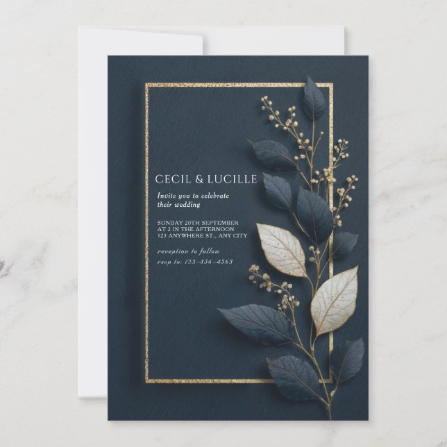 Invitation Mariage d'hiver feuille botanique bleu marine or (Devant)