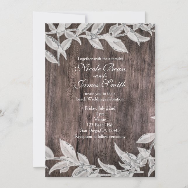 Invitation Mariage d'hiver feuilles blanches et argentées Boi (Devant)