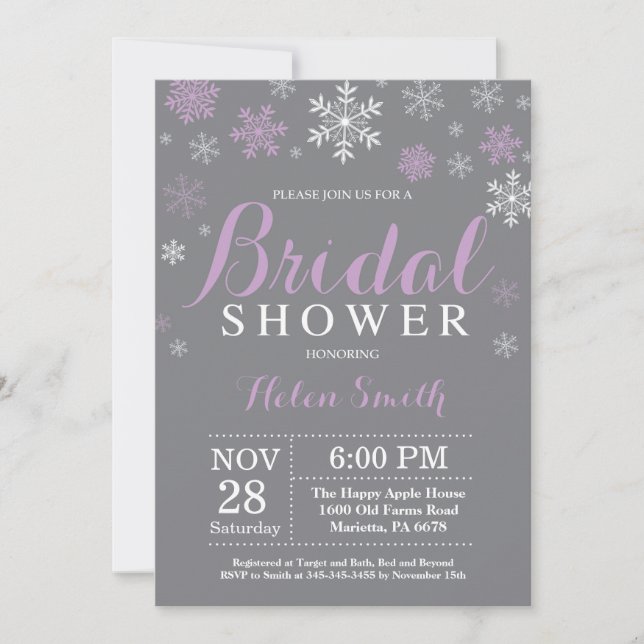 Invitation Mariage d'hiver Fleur de neige Violet Gris (Devant)