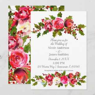 Invitation Mariage d'hiver Fleurs Baies de houx Feuilles Fête