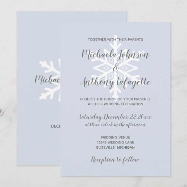 Invitation Mariage d'hiver flocon de neige bleu poussiéreux (Devant / Derrière)