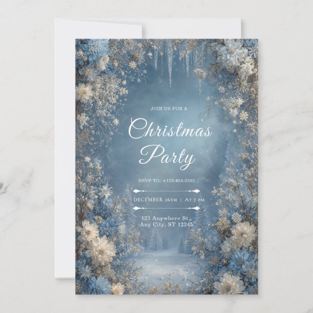 Invitation Mariage d'hiver flocon de neige floral blanc bleu  (Devant)