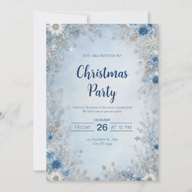 Invitation Mariage d'hiver flocon de neige floral bleu argent (Devant)