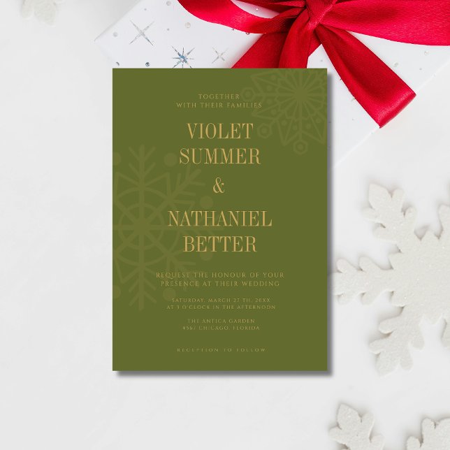 Invitation Mariage d'hiver flocon de neige propre vert olive  (Créateur téléchargé)