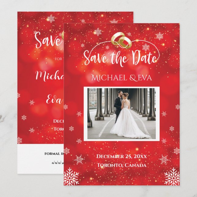 Invitation Mariage d'hiver flocon rouge à sauver la date (Devant / Derrière)