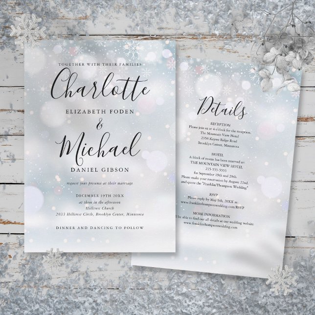 Invitation Mariage d'hiver Flocons de neige Tout en Un (All In One Snowflakes Winter Wedding Invitation)