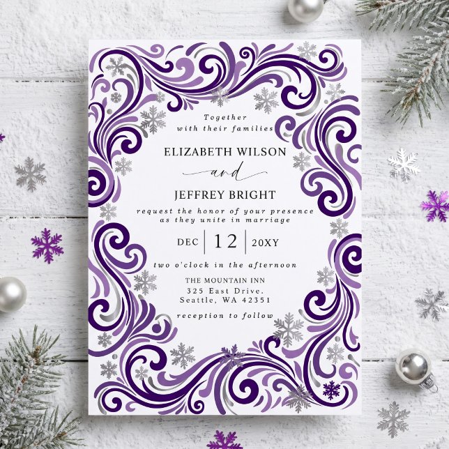 Invitation Mariage d'hiver flocons de neige Violet Argent (Silver Purple Snowflakes Winter Wedding Invitation)