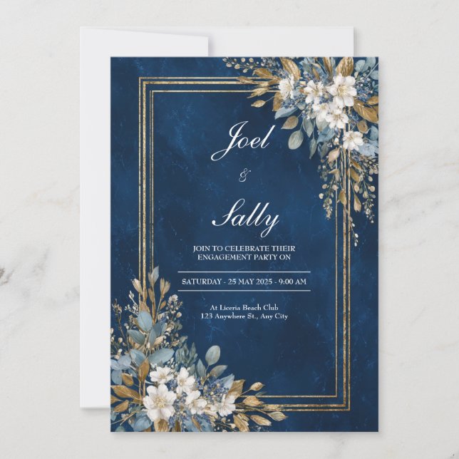 Invitation Mariage d'hiver floral à marbrure bleu marine et o (Devant)