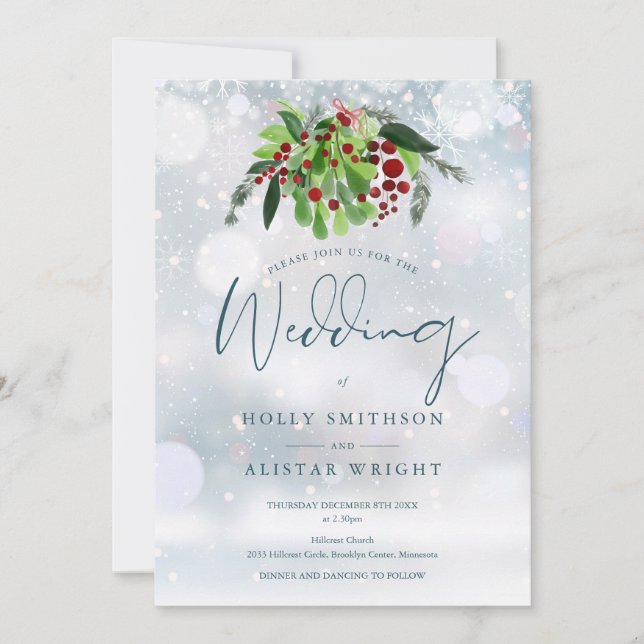Invitation Mariage d'hiver floral aux baies rouges (Devant)