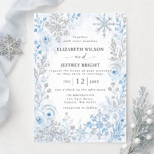 Invitation Mariage d'hiver floral aux flocons de neige bleu a