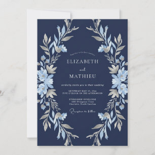 Invitation Mariage d'hiver floral bleu marine