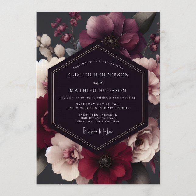 Invitation Mariage d'hiver floral bordeaux encre (Devant)