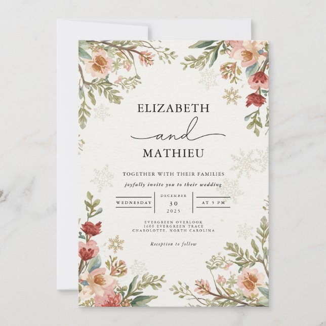 Invitation Mariage d'hiver floral délicat (Devant)