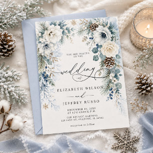 Invitation Mariage d'hiver floral élégant moderne bleu poussi