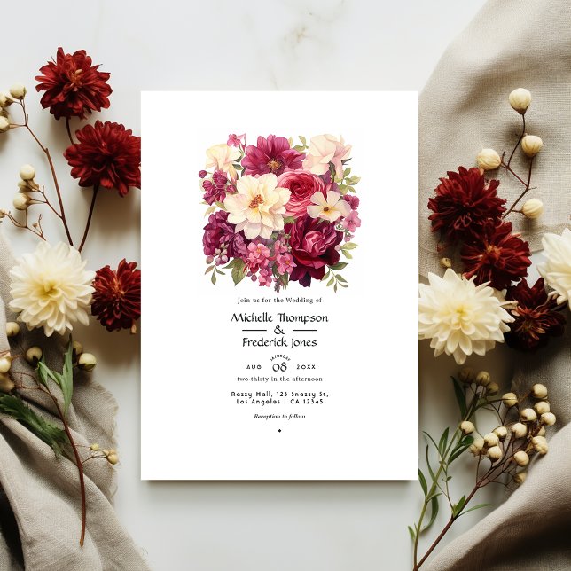 Invitation Mariage d'hiver floral Grenat et Crème (Créateur téléchargé)
