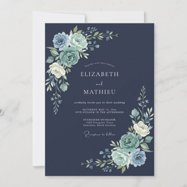Invitation Mariage d'hiver floral marine (Devant)