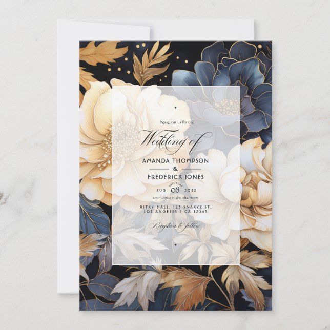 Invitation Mariage d'hiver floral or, noir et blanc (Devant)