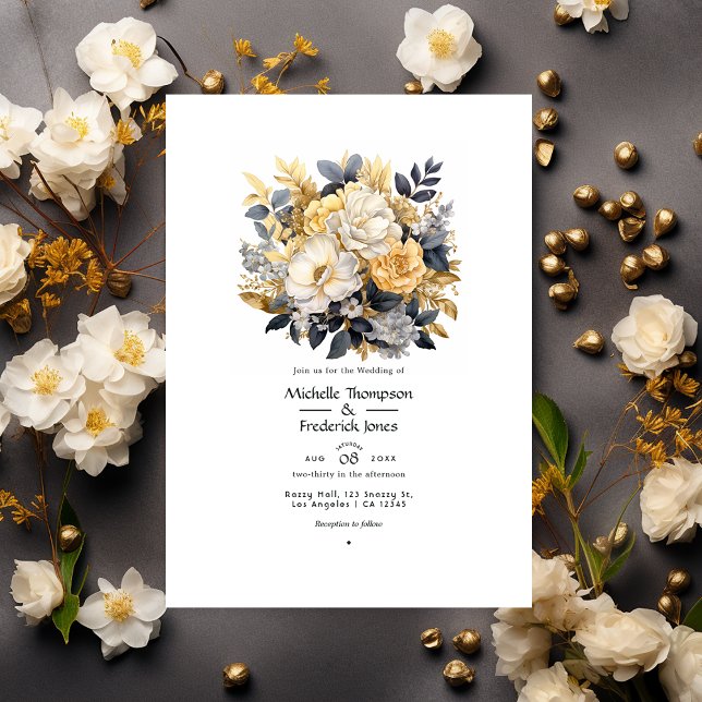 Invitation Mariage d'hiver floral or, noir et blanc (Créateur téléchargé)