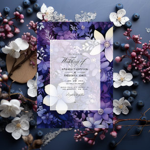 Invitation Mariage d'hiver floral prune, bleu marine et argen