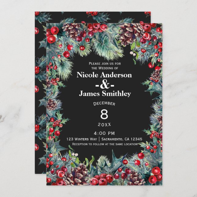 Invitation Mariage d'hiver foncé Fête Berries & Pine Cônes (Devant / Derrière)