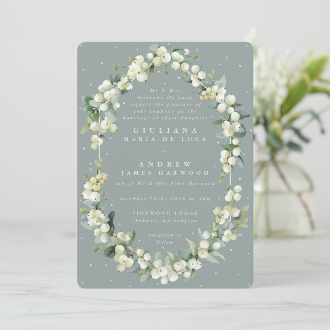 Invitation Mariage d'hiver Formal Green Snowberry+Eucalyptus (Debout devant)