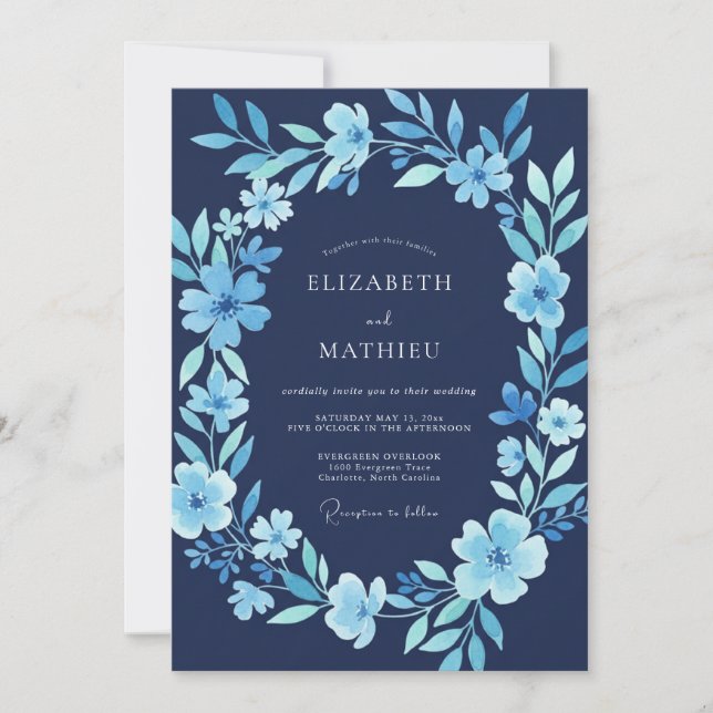 Invitation Mariage d'hiver gelé bleu marine (Devant)