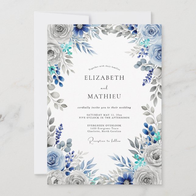 Invitation Mariage d'hiver givré bleu acier (Devant)