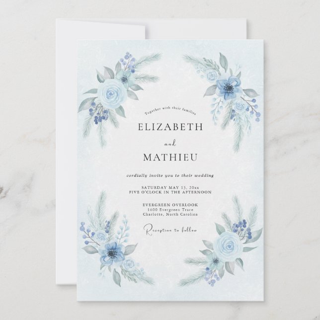Invitation Mariage d'hiver givré bleu pâle (Devant)