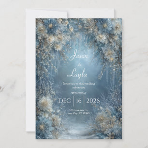 Invitation Mariage d'hiver glaçons floraux bleu givré blanc