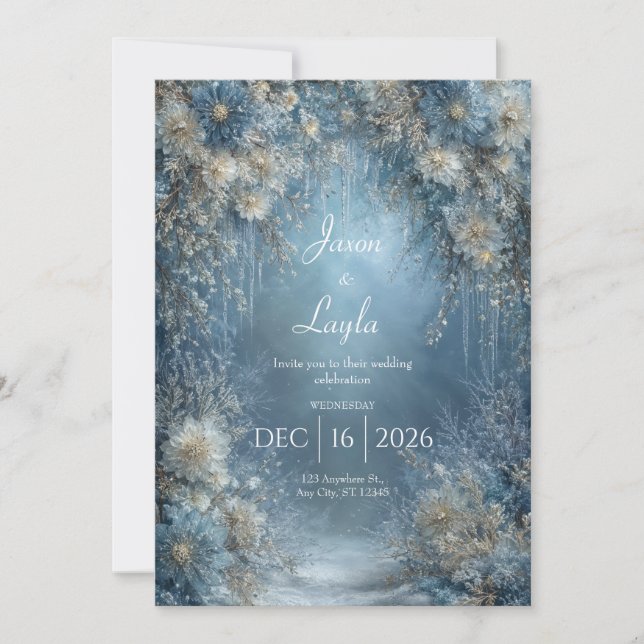 Invitation Mariage d'hiver glaçons floraux bleu givré blanc (Devant)