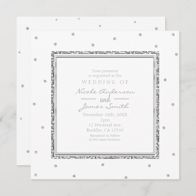 Invitation Mariage d'hiver Glam Silver & White Dots Party (Devant / Derrière)