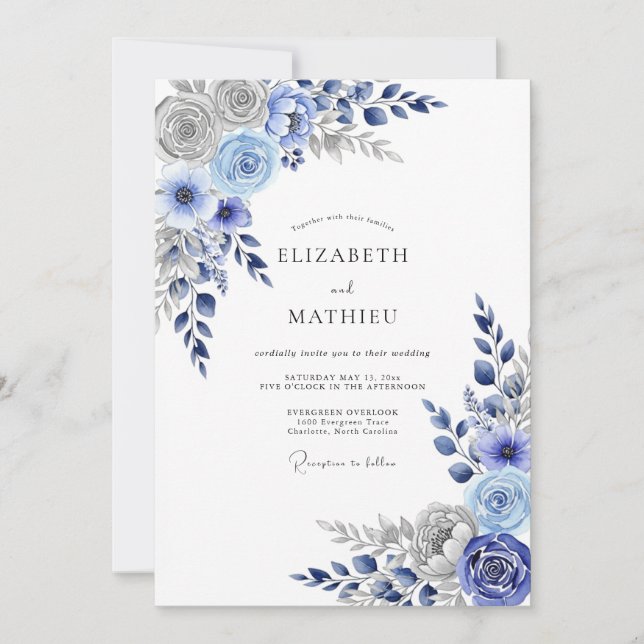 Invitation Mariage d'hiver grandiose bleu marine (Devant)