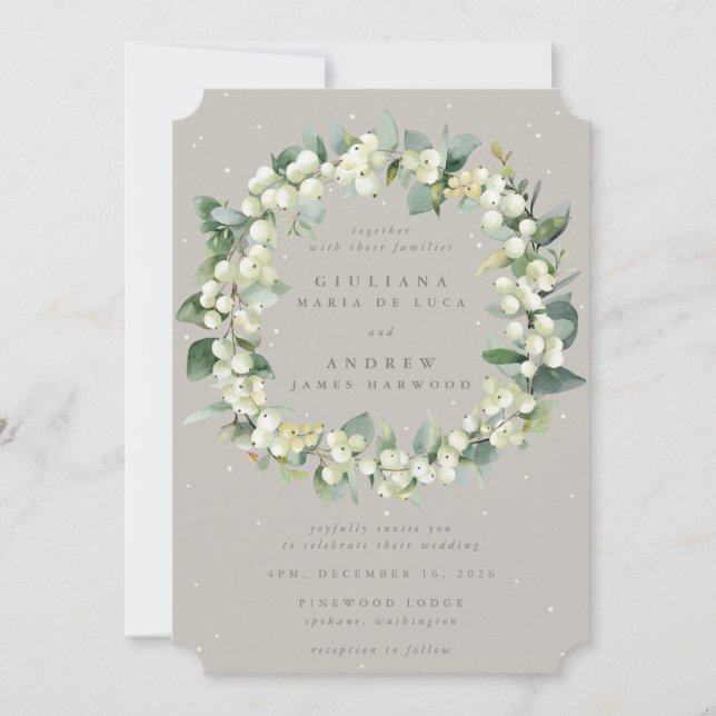 Invitation Mariage d'hiver Greige Snowberry+Eucalyptus Wreath (Devant)