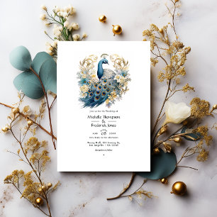 Invitation Mariage d'hiver gris, bleu paon et or floral
