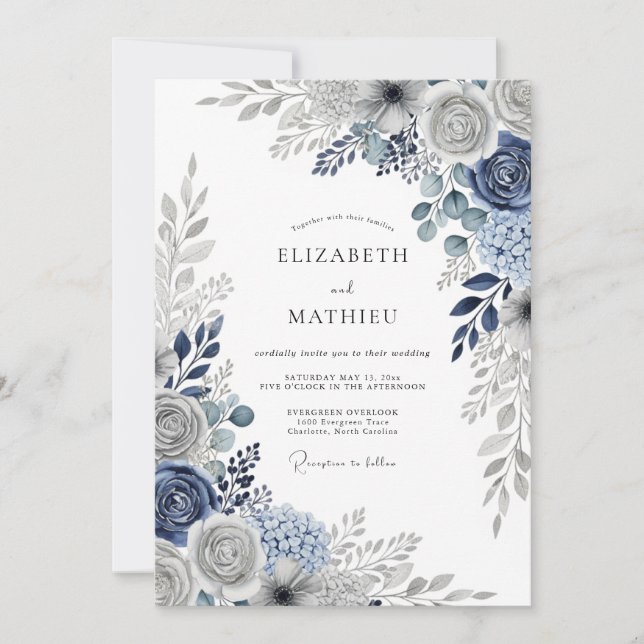 Invitation Mariage d'hiver immaculé bleu marine (Devant)