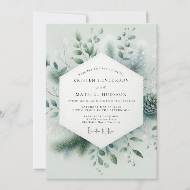 Invitation Mariage d'hiver immaculé vert sauge (Devant)