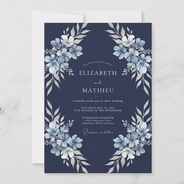 Invitation Mariage d'hiver intemporel bleu marine (Devant)