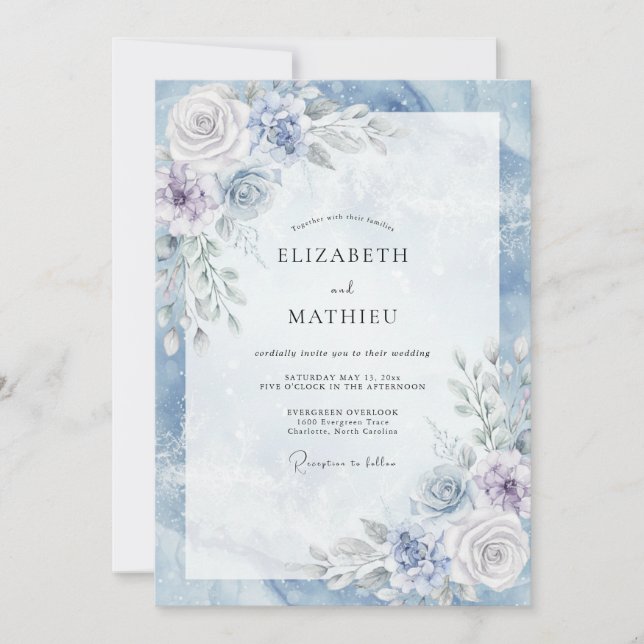 Invitation Mariage d'Hiver Lumineux Bleu Acier (Devant)