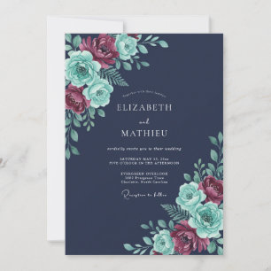 Invitation Mariage d'hiver luxuriant bleu marine
