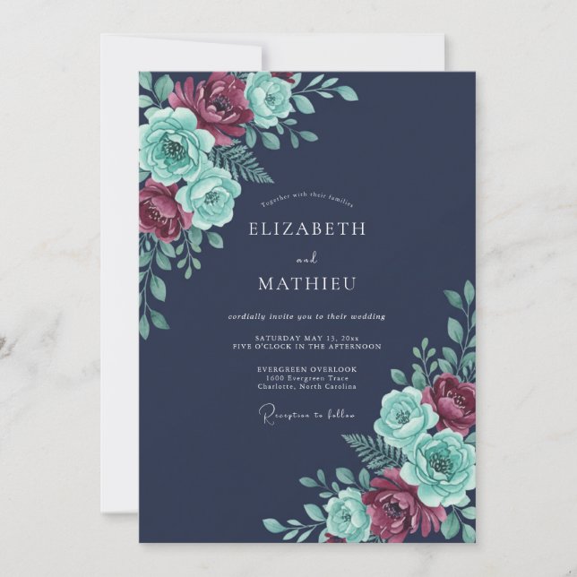 Invitation Mariage d'hiver luxuriant bleu marine (Devant)